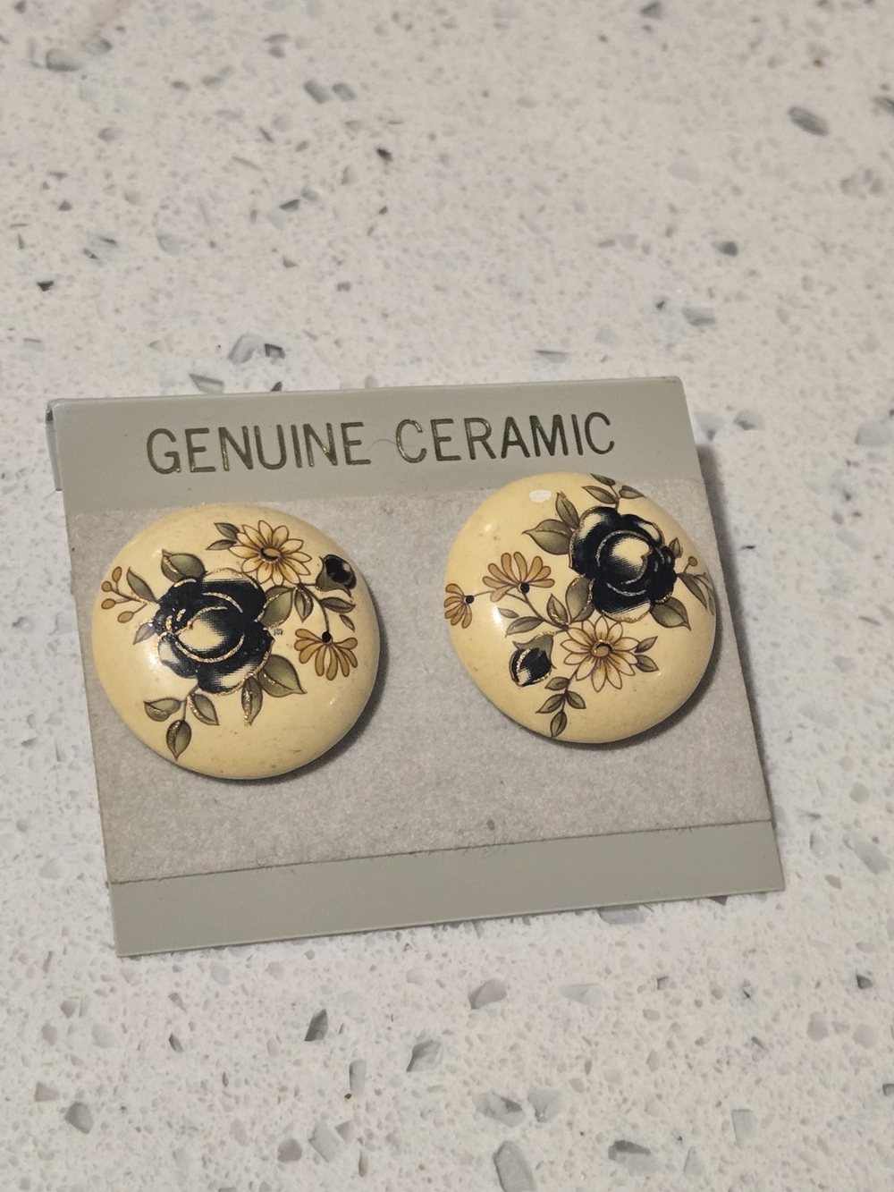 Vintage Genuine Ceramic Floral Button Earrings - Cream and Black